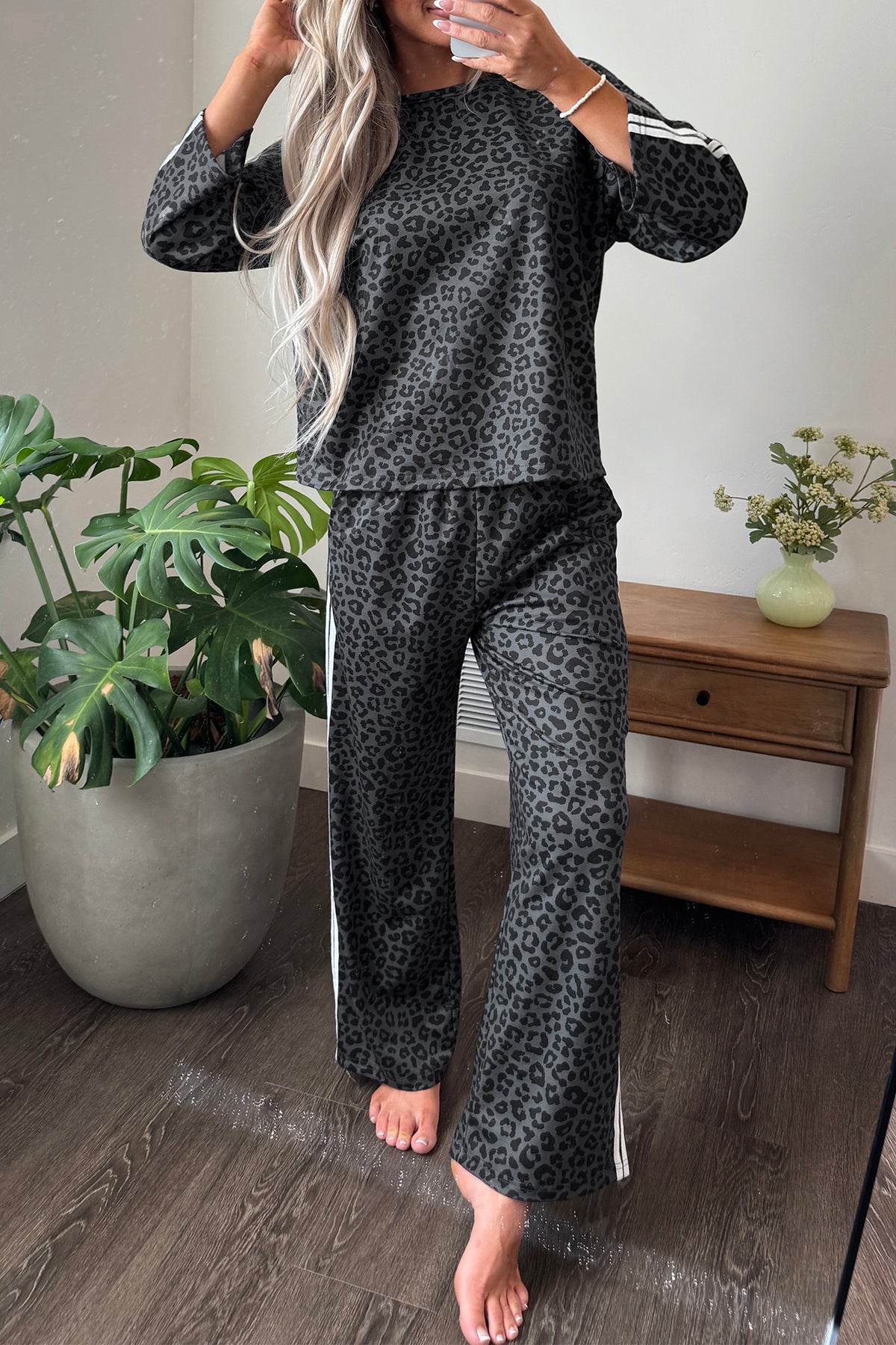 Stacey B's Gray Leopard Print Varsity Striped Detail 3/4 Sleeve Top Shift Pant Set