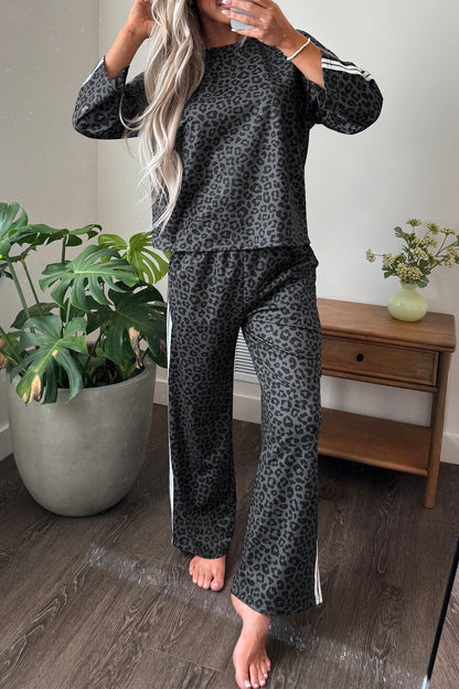 Stacey B's Gray Leopard Print Varsity Striped Detail 3/4 Sleeve Top Shift Pant Set