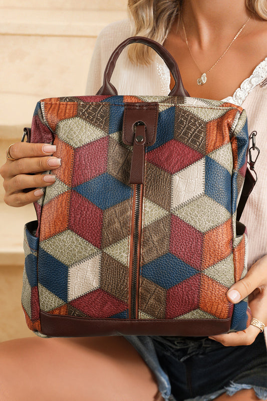 Stacey B's Chestnut Geometric Soft PU Leather Large Convertible Backpack