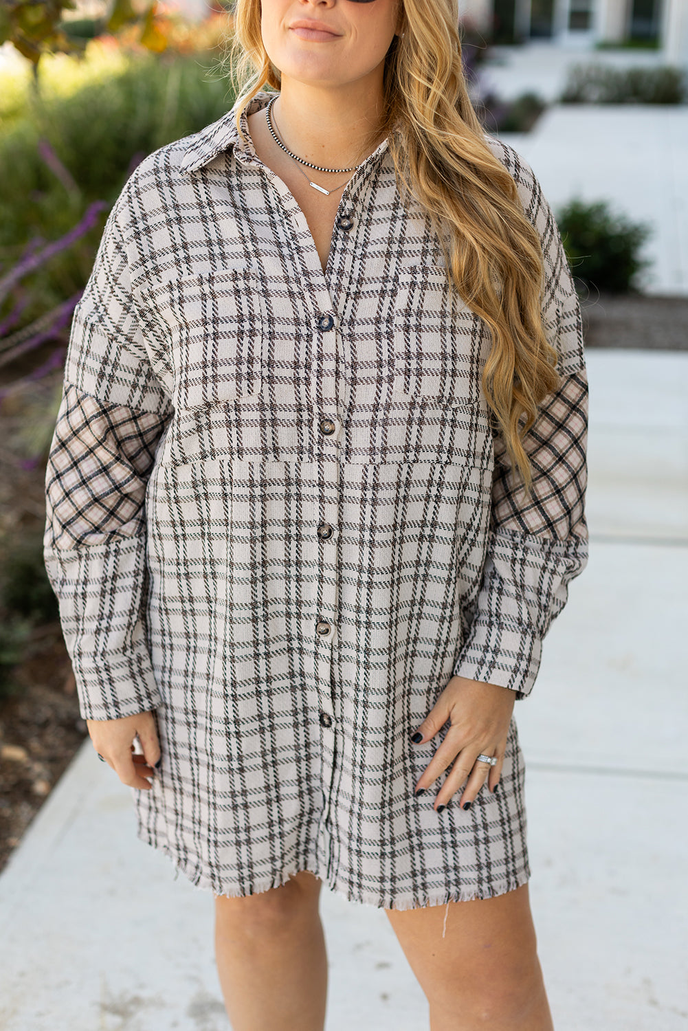 Stacey B's White Stripe Plus Size Plaid Buttoned Raw Hem Tunic Shirt Dress