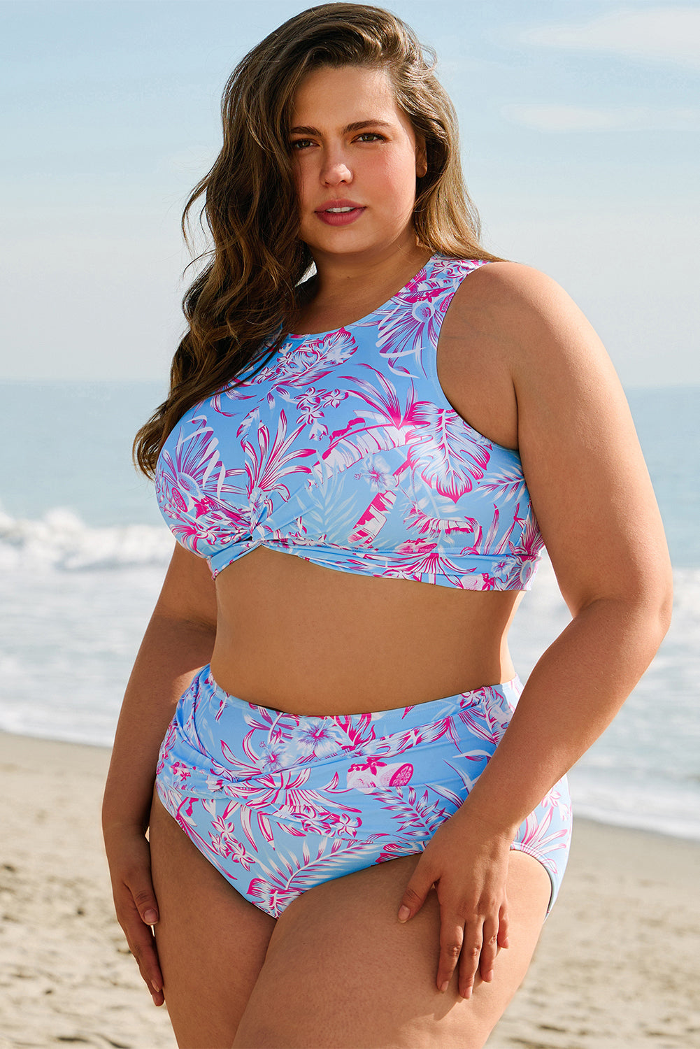 Stacey B's Sky Blue Plus Size Floral Print Twisted High Waist Bikini Set