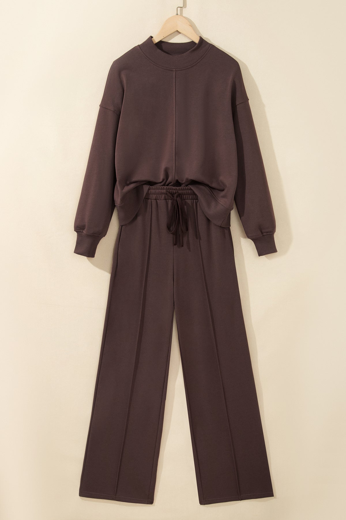 Stacey B's Coffee Solid Color Piping Trim Mock Neck Pullover Drawstring Pants Set
