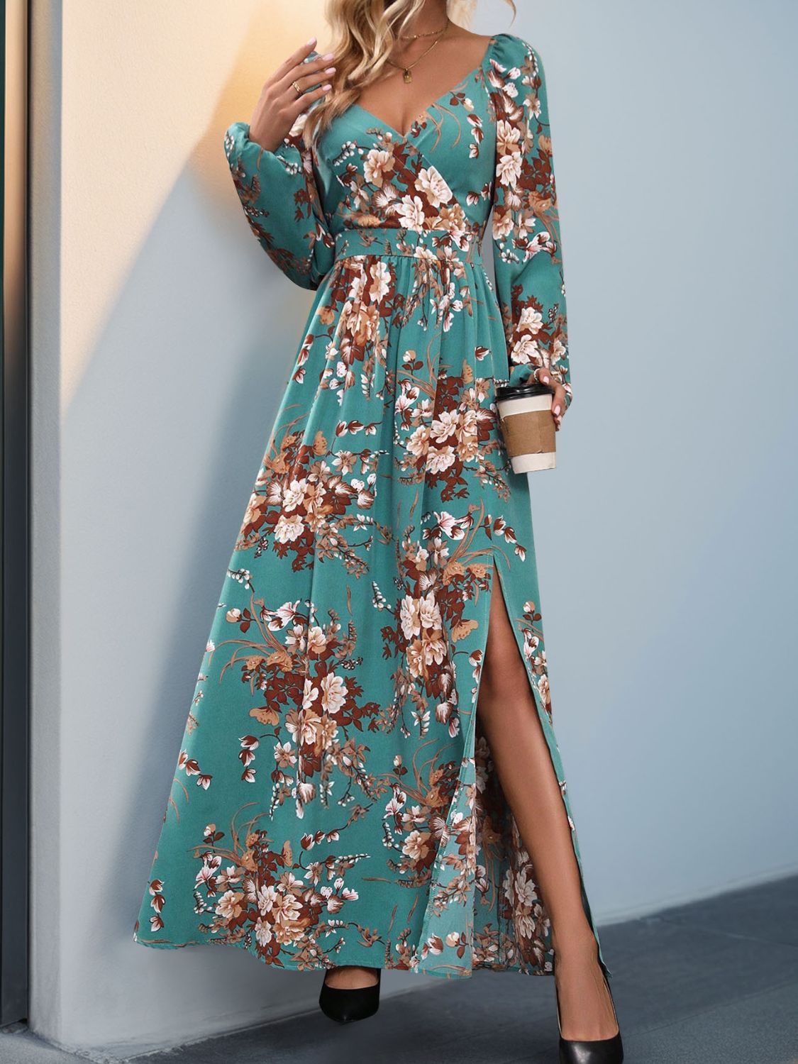 Stacey B's Slit Printed Surplice Long Sleeve Maxi Dress