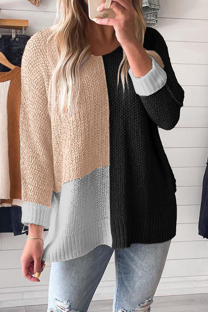 Stacey B's Black Color Block Knit V Neck Loose Sweater
