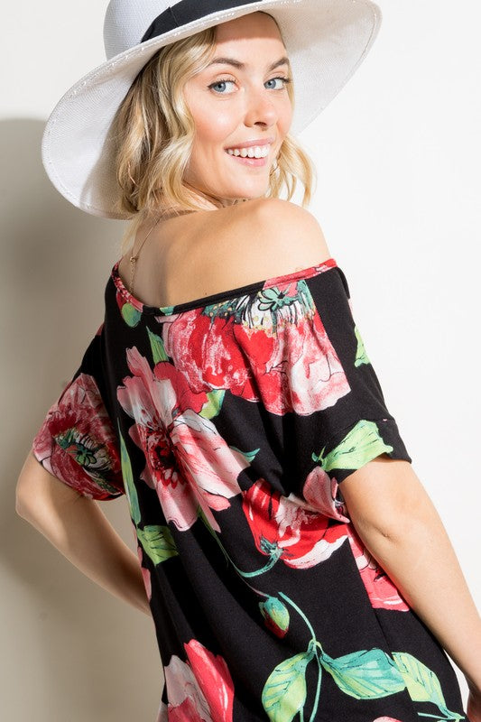 Stacey B's Plus Floral  One Shoulder Boxy Top