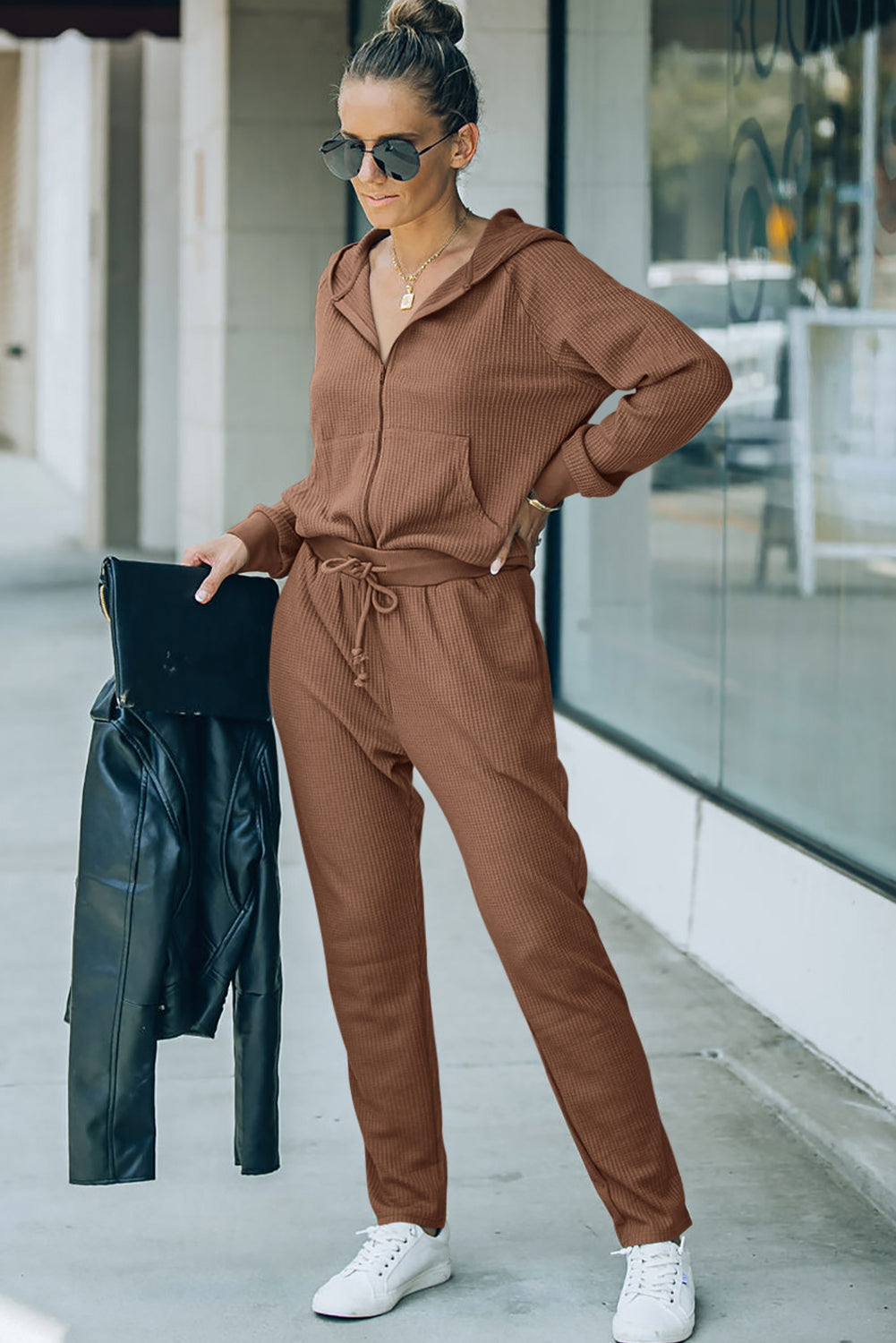 Stacey B's Brown Waffle Knit Zip-Up Hoodie and Pants Athleisure Outfit