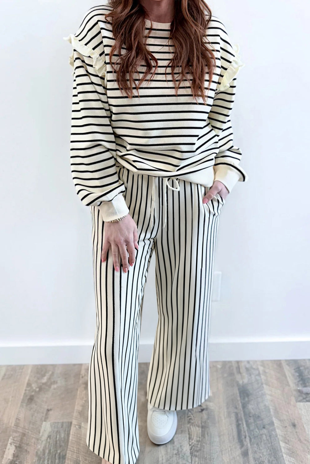 Stacey B's White Stripe Ruffle Trim Drop Shoulder Top Drawstring Loose Pant Set