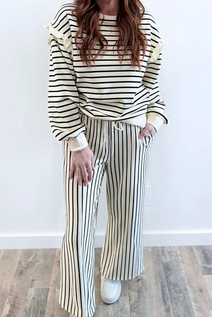 Stacey B's White Stripe Ruffle Trim Drop Shoulder Top Drawstring Loose Pant Set