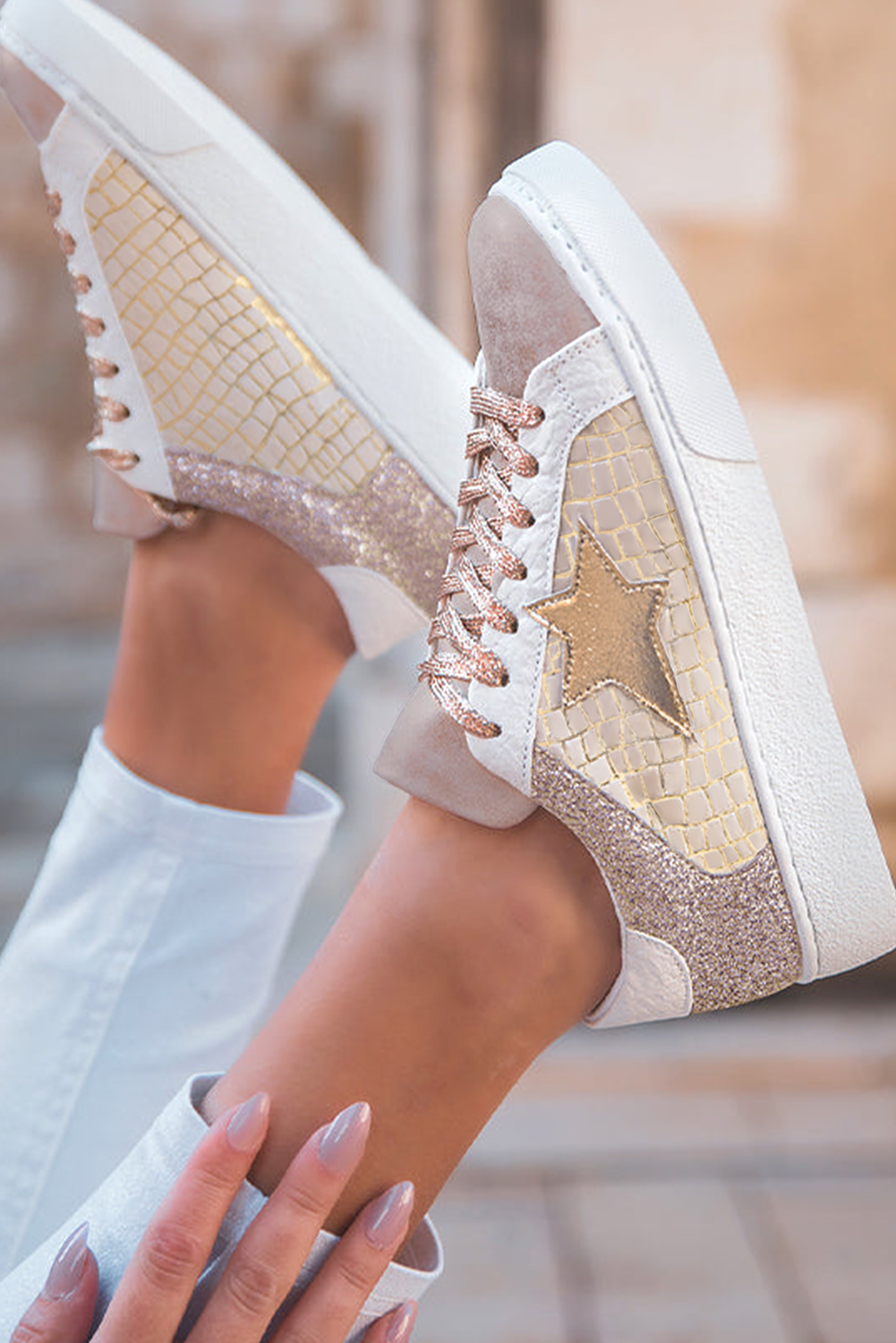 Stacey B's Gold Glitter Star Patchwork PU Leather Lace-up Sneakers