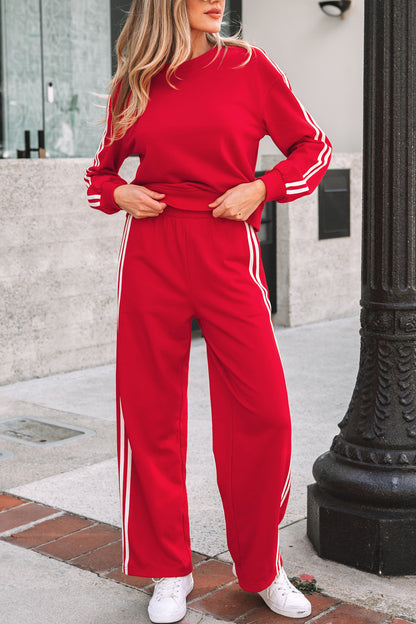 Stacey B's Fiery Red Varsity Striped Detail Crewneck Pullover Elastic Sweatpants 2pcs Outfit