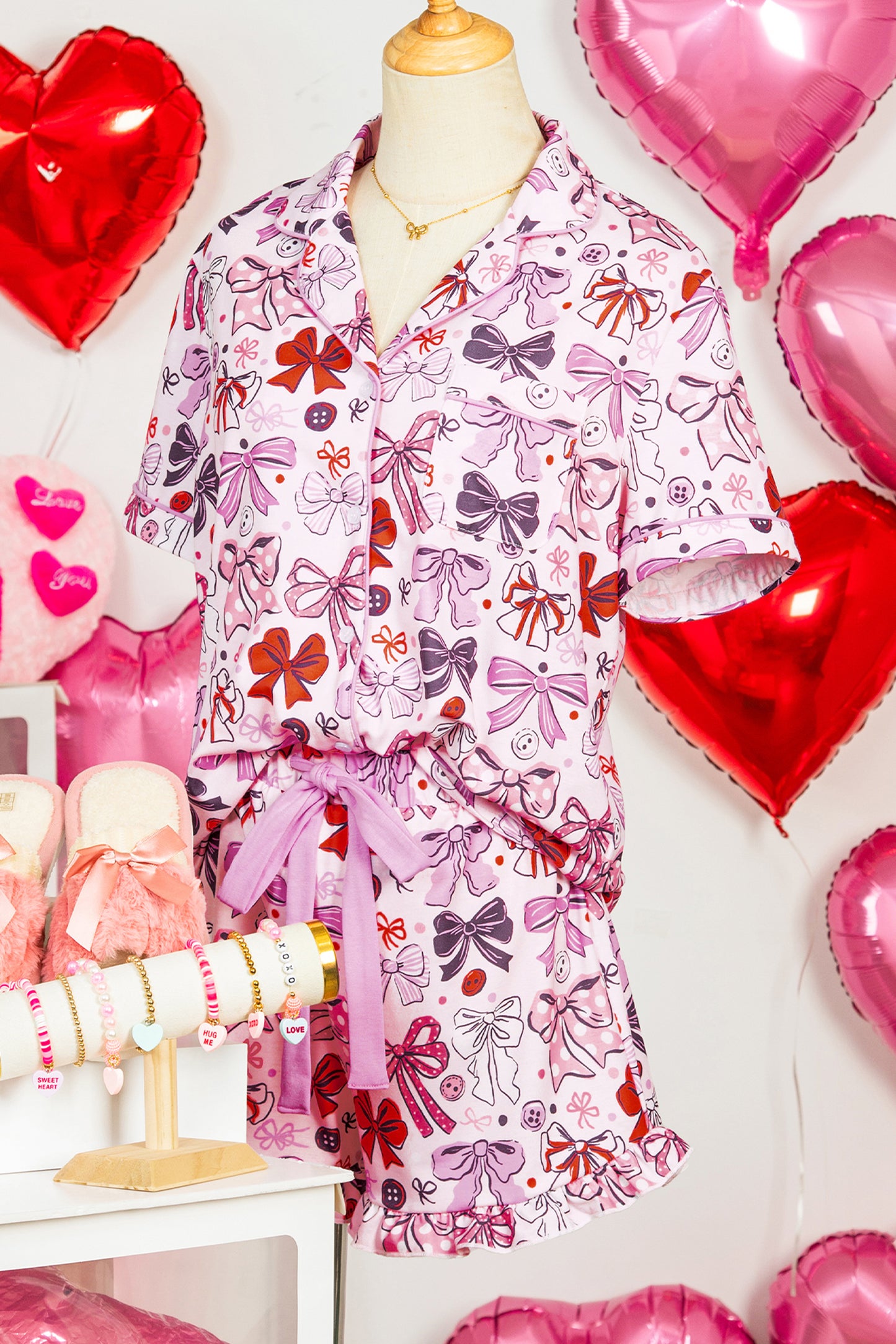 Stacey B's Pink Cute Ribbon Bows Printed Shirt Style 2pcs Short Pajama Set