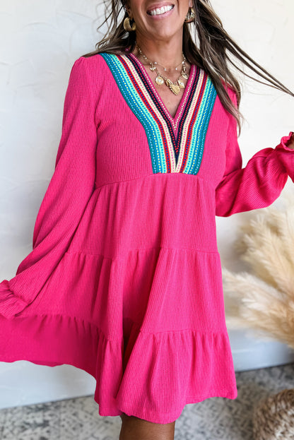 Stacey B's Rose Red Colorful Crochet V Neck Textured Tiered Ruffled Long Sleeve Mini Dress