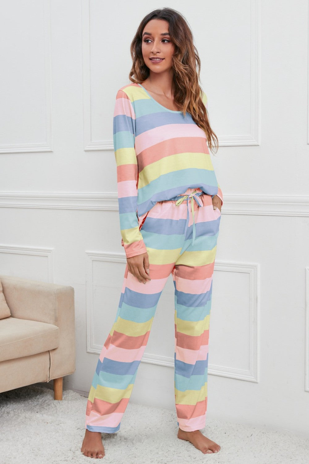 Stacey B's Striped Round Neck Long Sleeve Top and Drawstring Pants Lounge Set