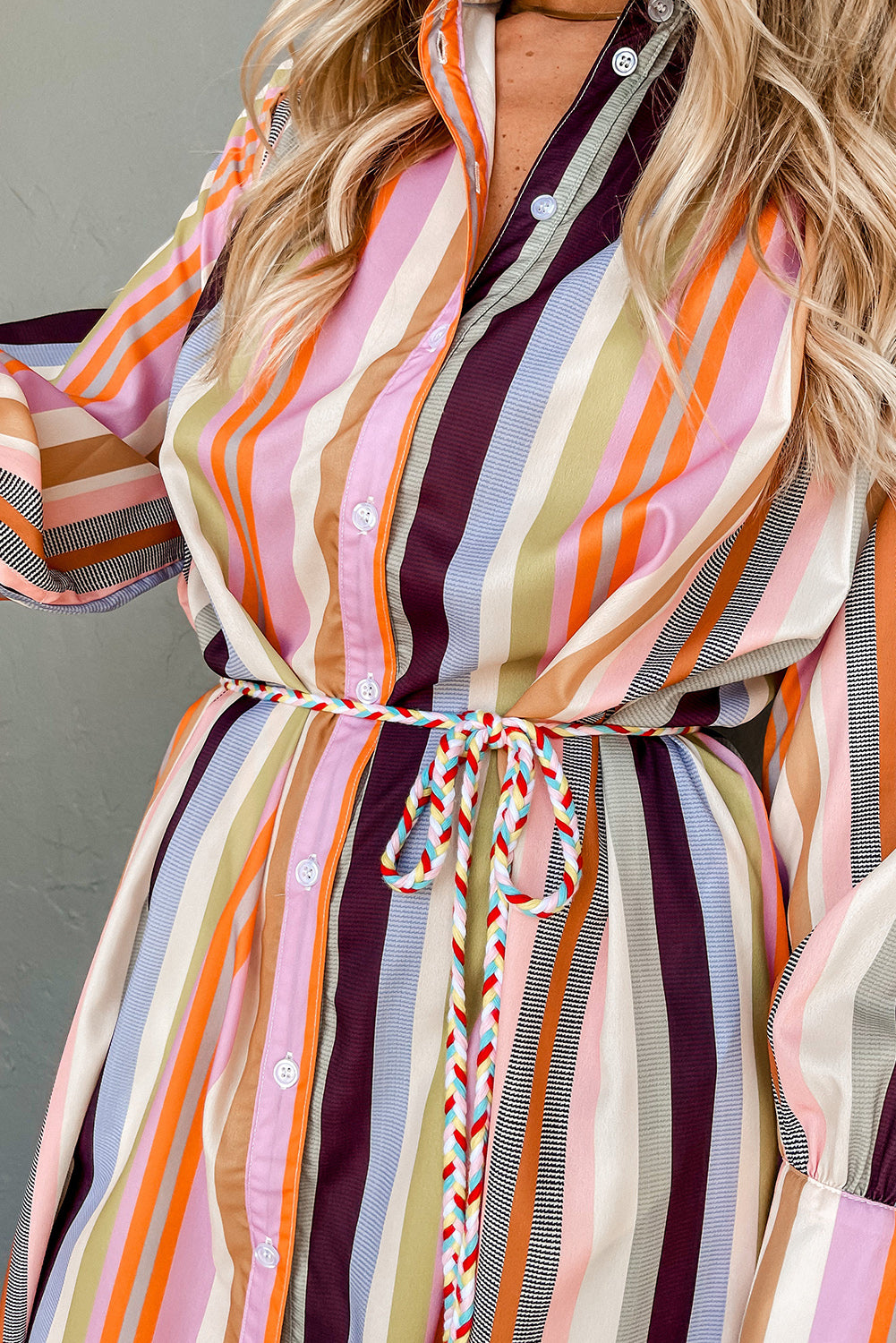 Stacey B's White Multicolor Striped Cuffed Sleeve Tassel Tied Shirt Maxi Dress