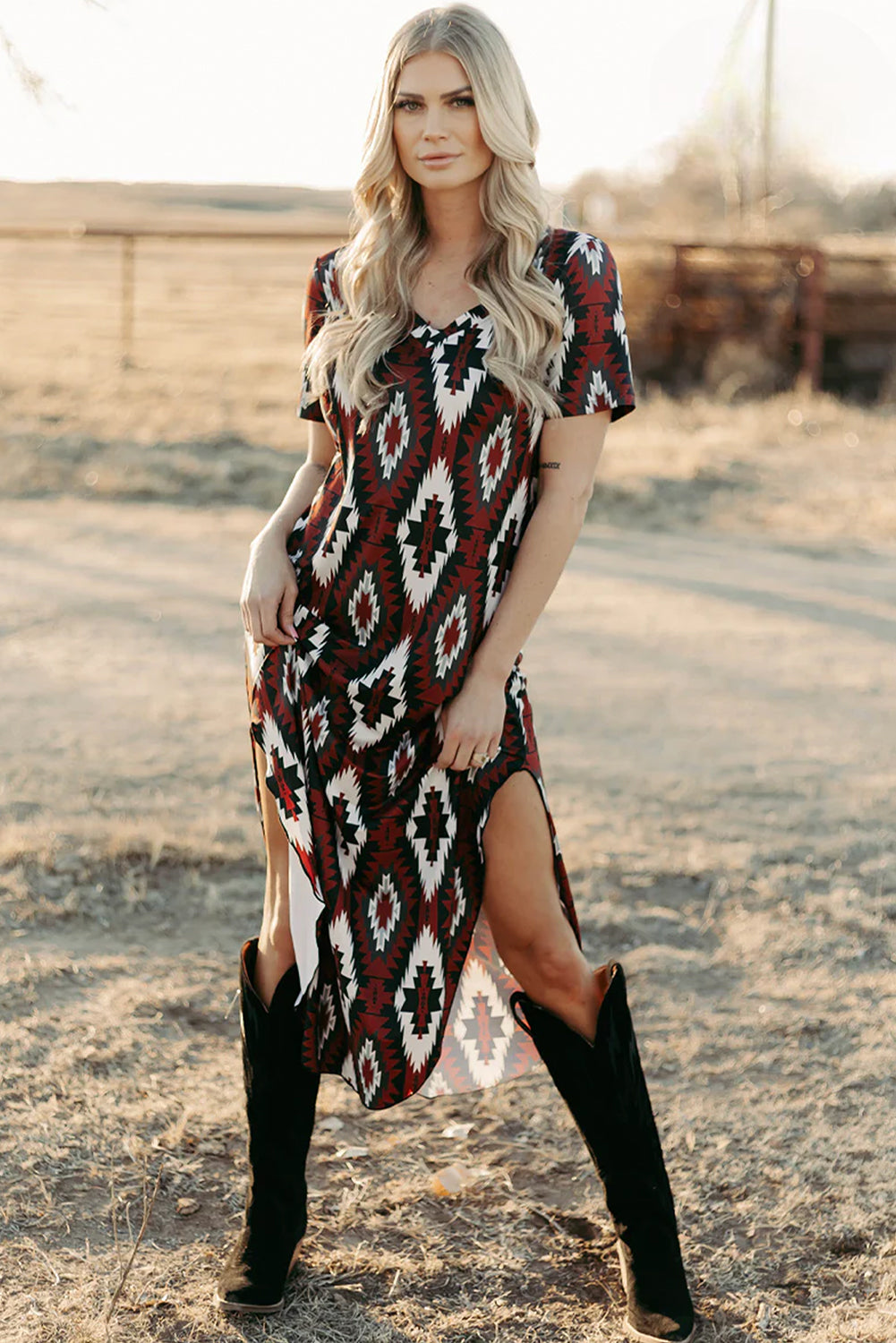 Stacey B's Red Western Aztec Printed Long T-shirt Dress
