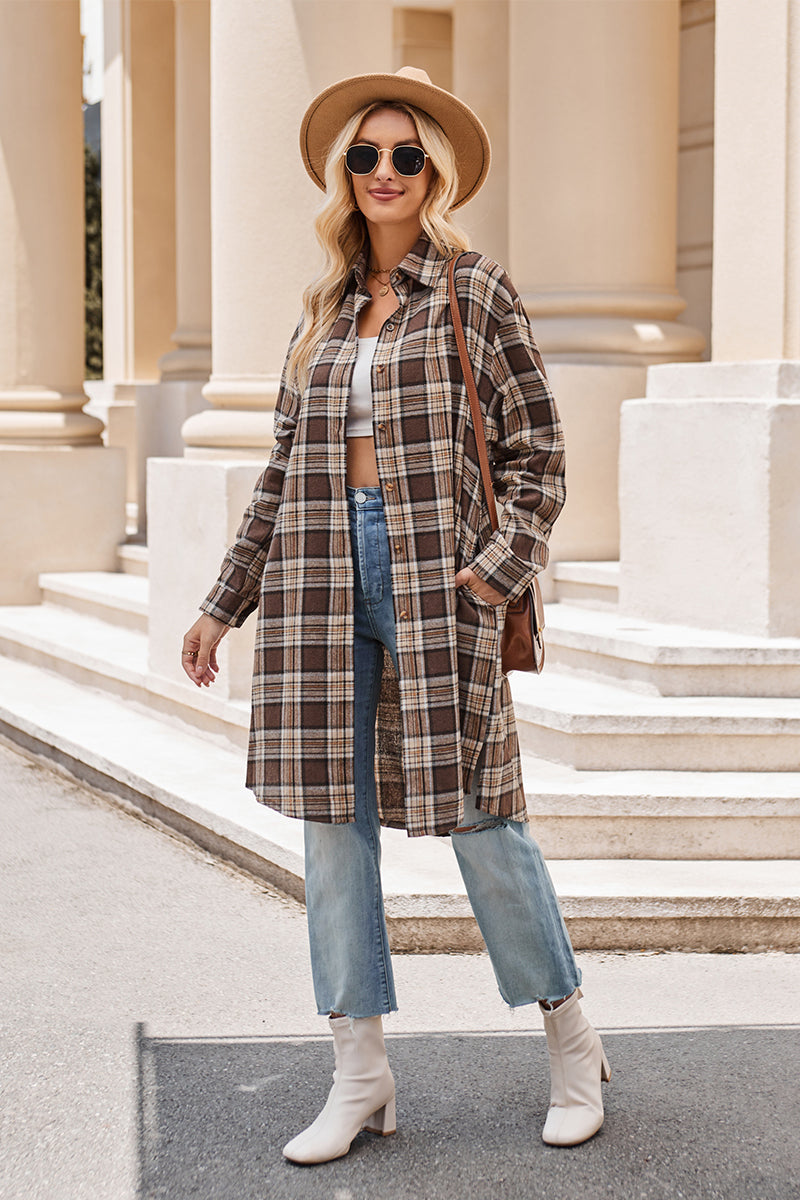 Stacey B's Mandy Plaid Collared Neck Long Sleeve Coat