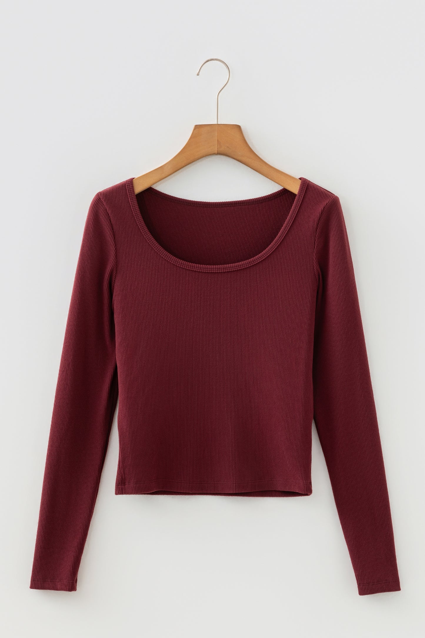 Stacey B's Coffee Ribbed Solid Color U Neck Cropped Long Sleeve Top