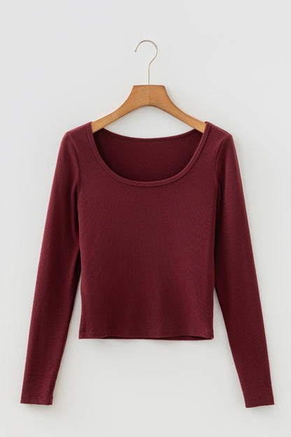 Stacey B's Coffee Ribbed Solid Color U Neck Cropped Long Sleeve Top