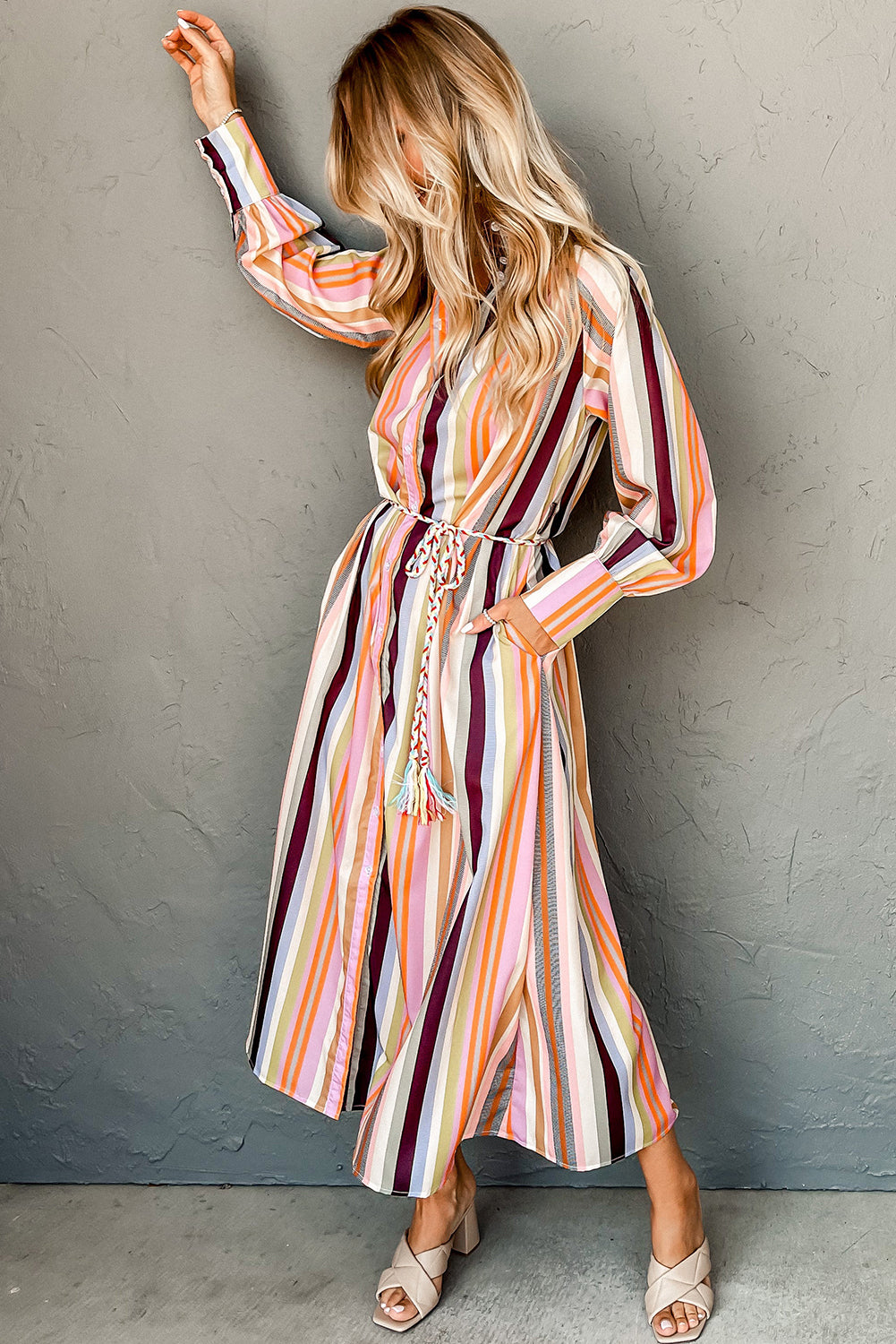 Stacey B's White Multicolor Striped Cuffed Sleeve Tassel Tied Shirt Maxi Dress