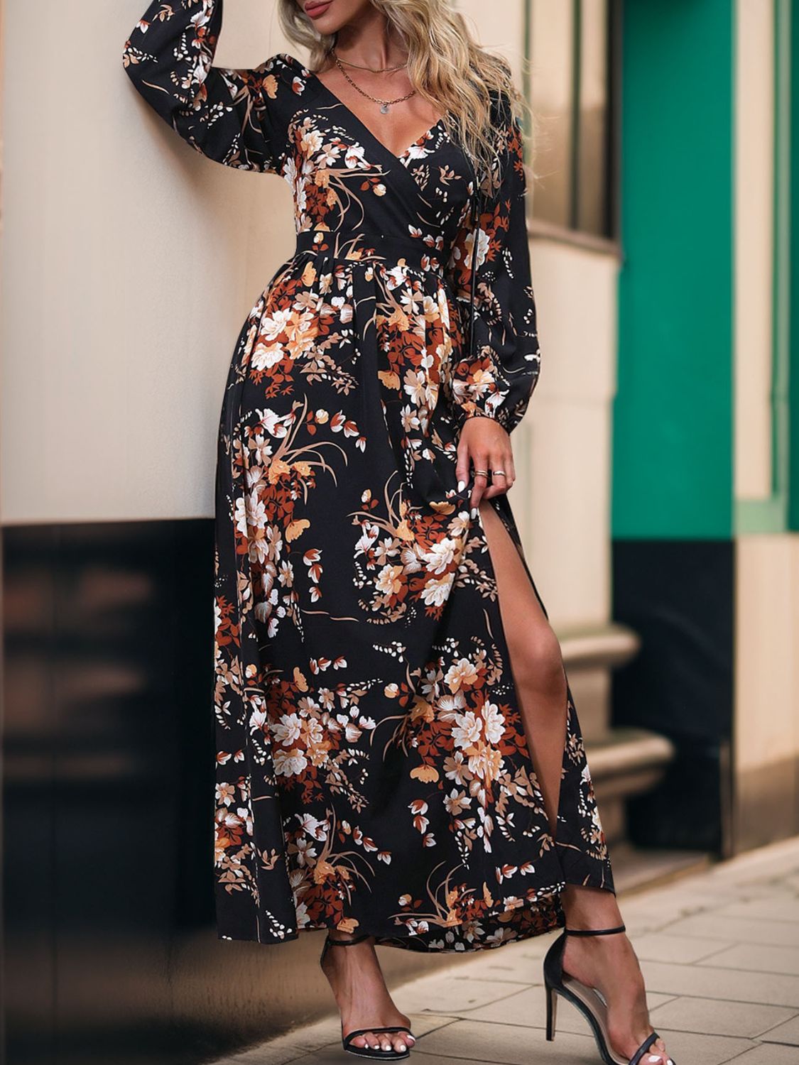 Stacey B's Slit Printed Surplice Long Sleeve Maxi Dress