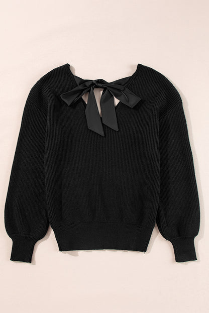 Stacey B's Black Lantern Sleeve V Neck Knot Back Sweater
