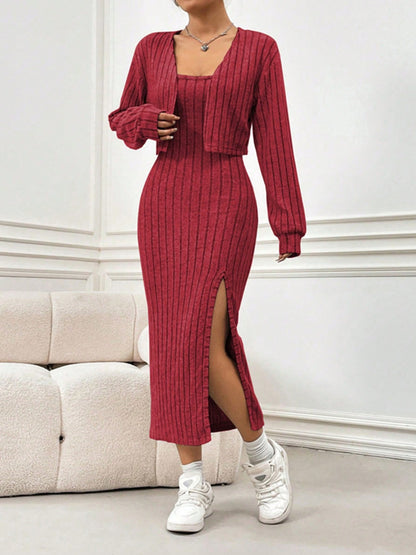 Stacey B's Ribbed Long Sleeve Cropped Cardigan and Slit Cami Dress Set