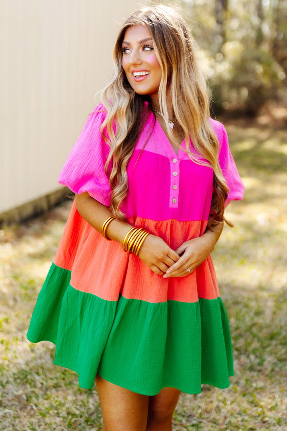 Stacey B's Multicolor Color Block Tiered Puff Sleeve Dress