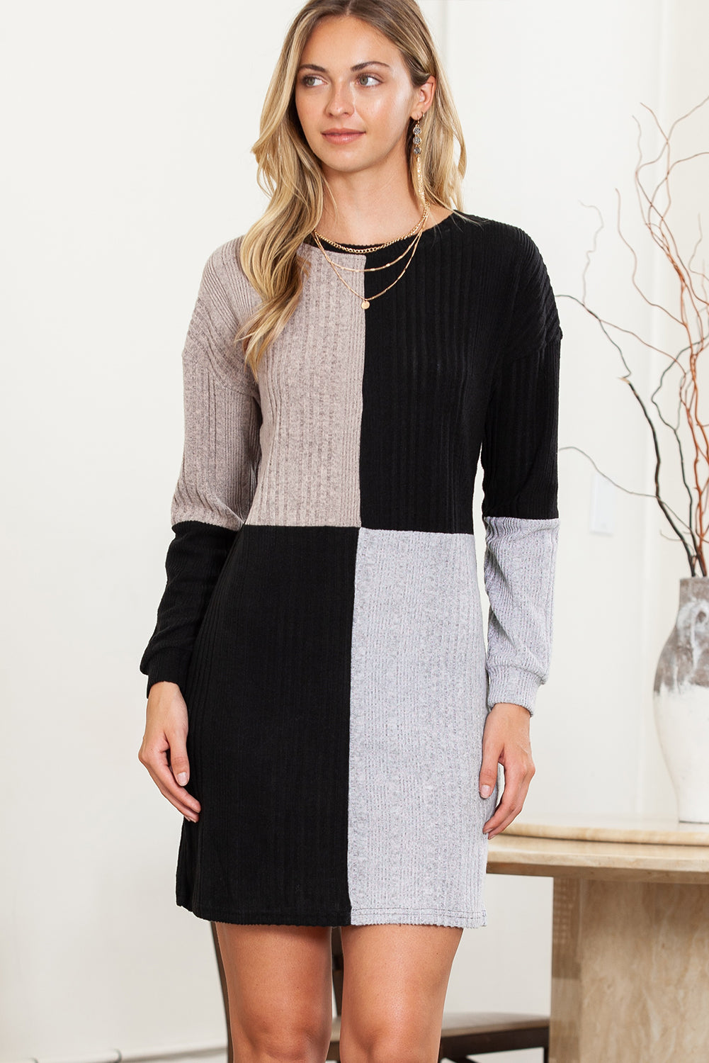 Stacey B's  Ribbed Color Block Drop Shoulder Long Sleeve Mini Dress