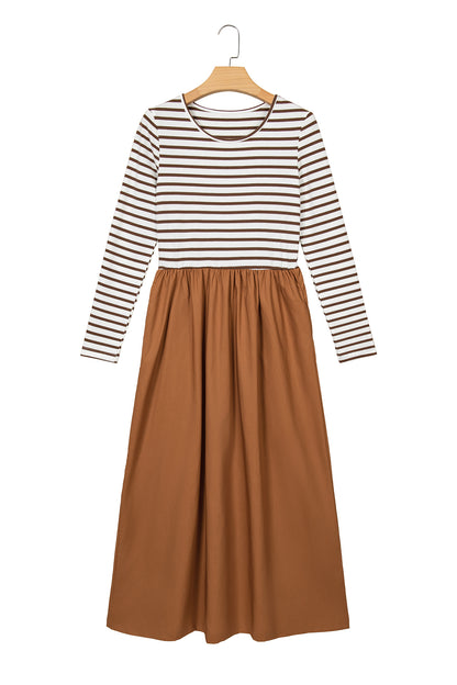 Stacey B's Brown Stripe Ribbed Knit Long Sleeve Bodice Contrast Patchwork Flared Dress