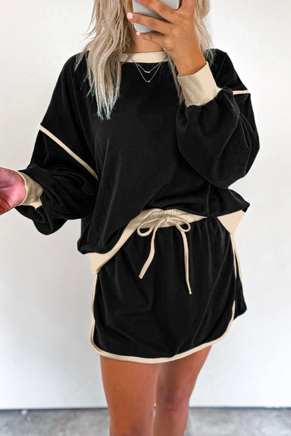 Stacey B's Black Color Contrast Loose Pullover and Lace-up Waist Skort Set