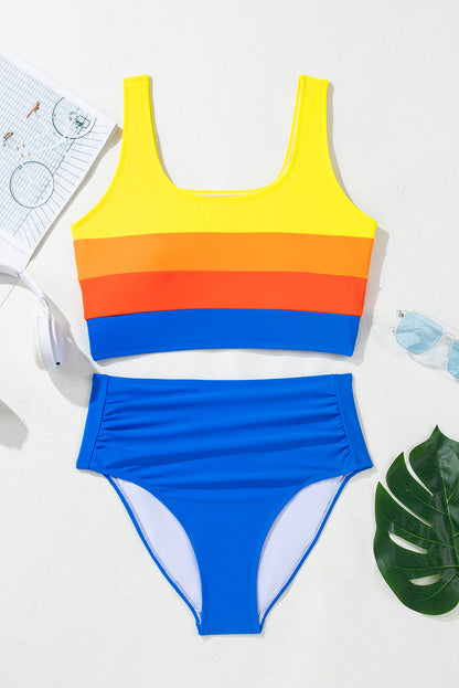 Stacey B's Blue Colorblock Square Neck Top Pleated High Waisted Bikini