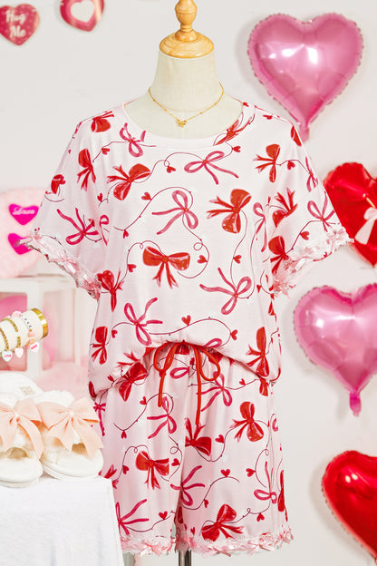 Stacey B's Red Romantic Bow Print Loose Tee Drawstring Shorts 2pcs Lounge Set