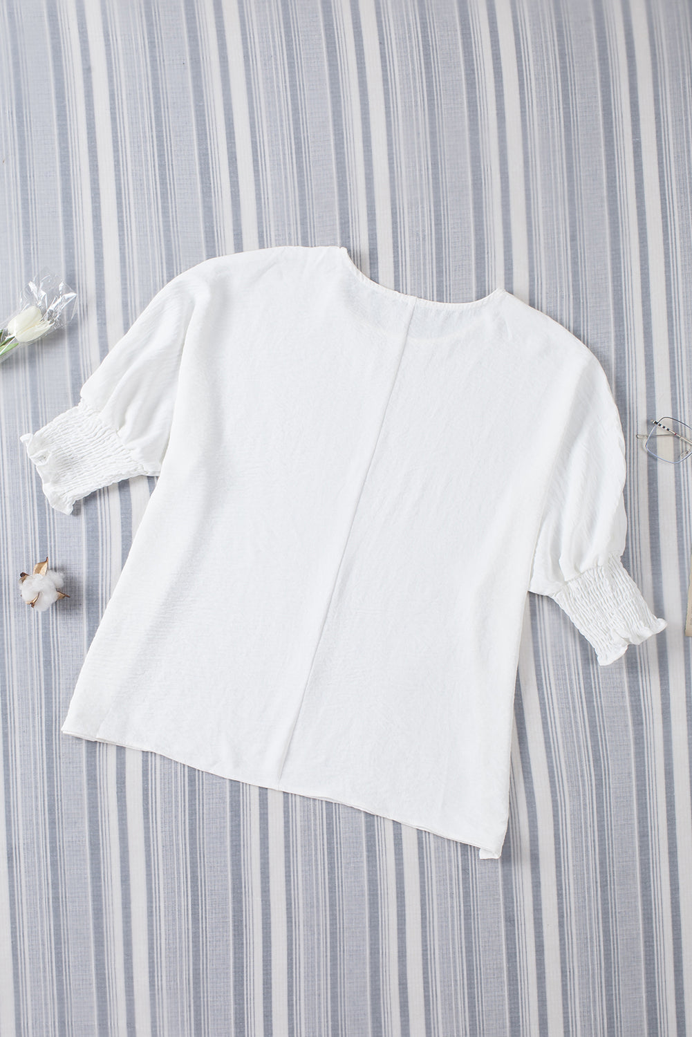 Stacey B's White Plain & Casual Shirred Cuffs Half Sleeve Top