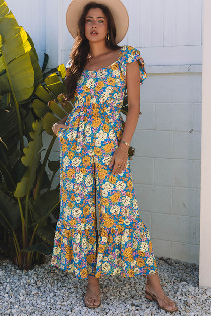 Stacey B's Yellow Floral Allover Print Shirred Cut Out High Waist Jumpsuit