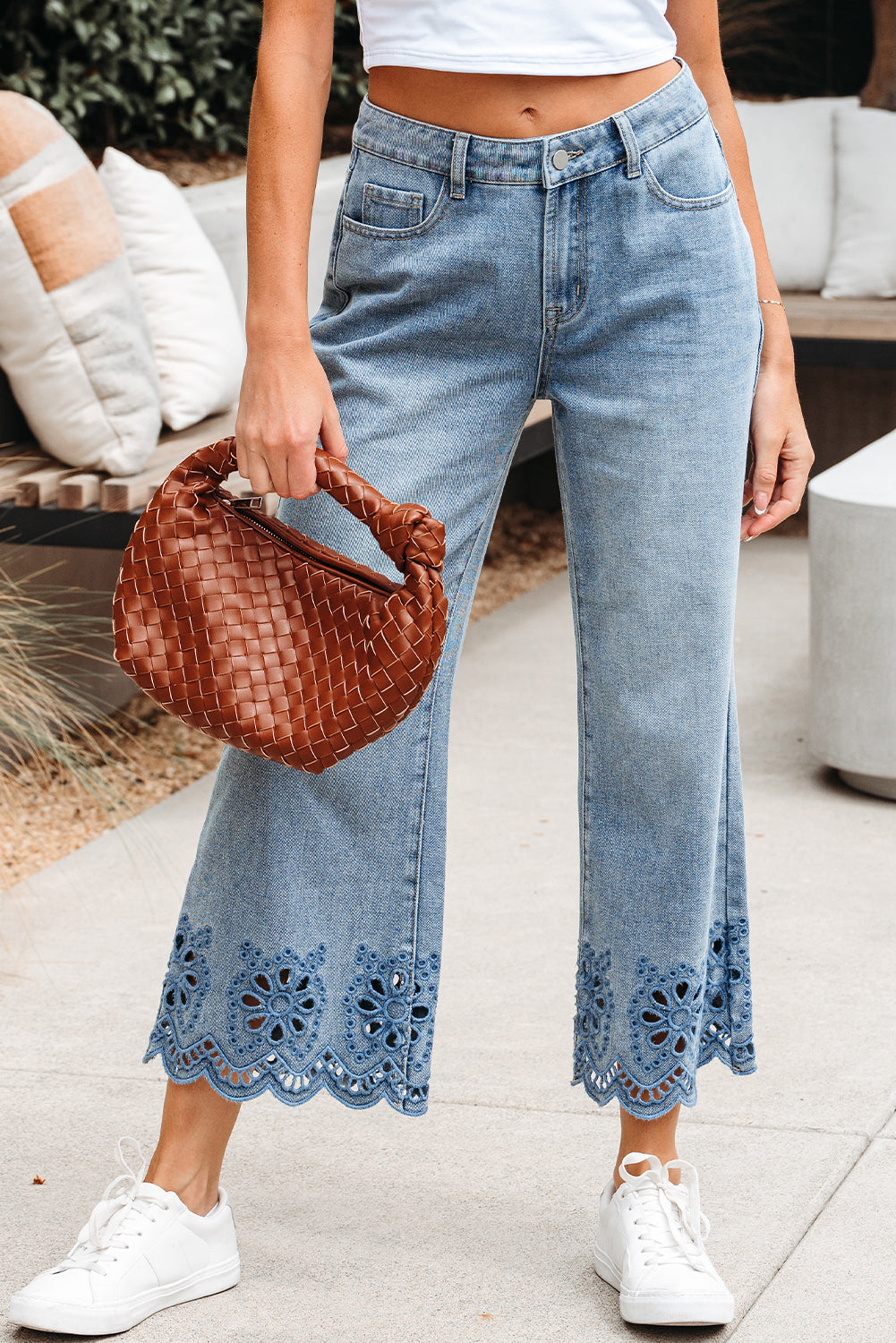 Stacey B's Dusk Blue Embroidered Cropped Wide Leg High Waist Jeans