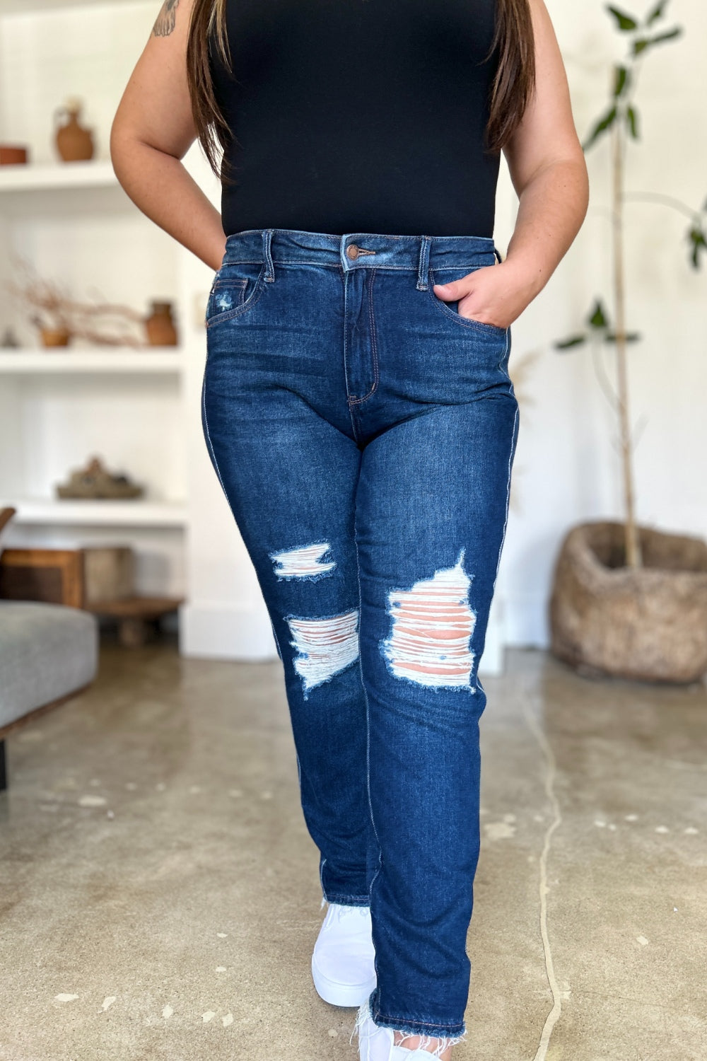 Stacey B's Judy Blue Full Size High Waist Rigid Magic Heavy Destroy Straight Jeans