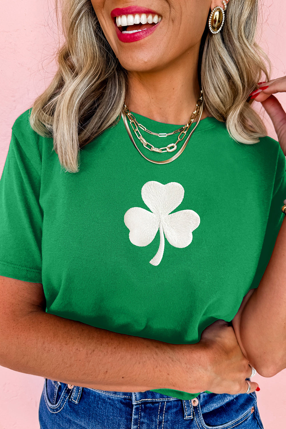 Stacey B's Bright Green Embroidered Clover Pattern St Patrick Tee