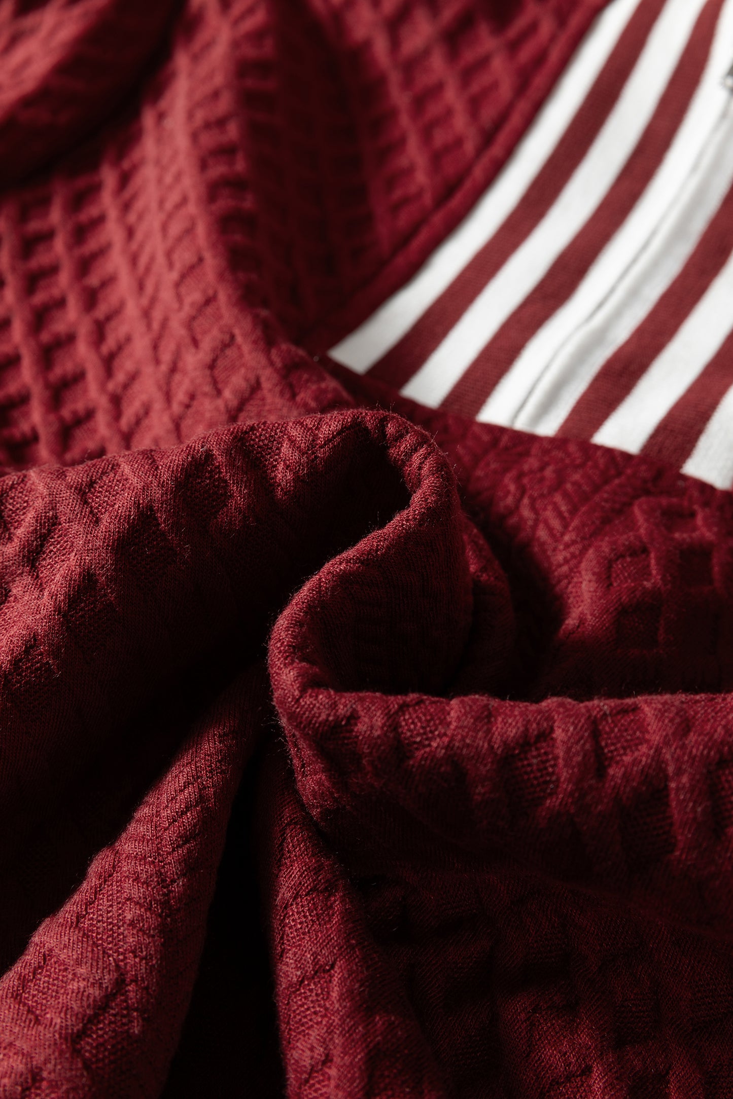 Stacey B's Racing Red Rhombus Textured Striped Patchwork Zip Neck Pullover Sweatshirt