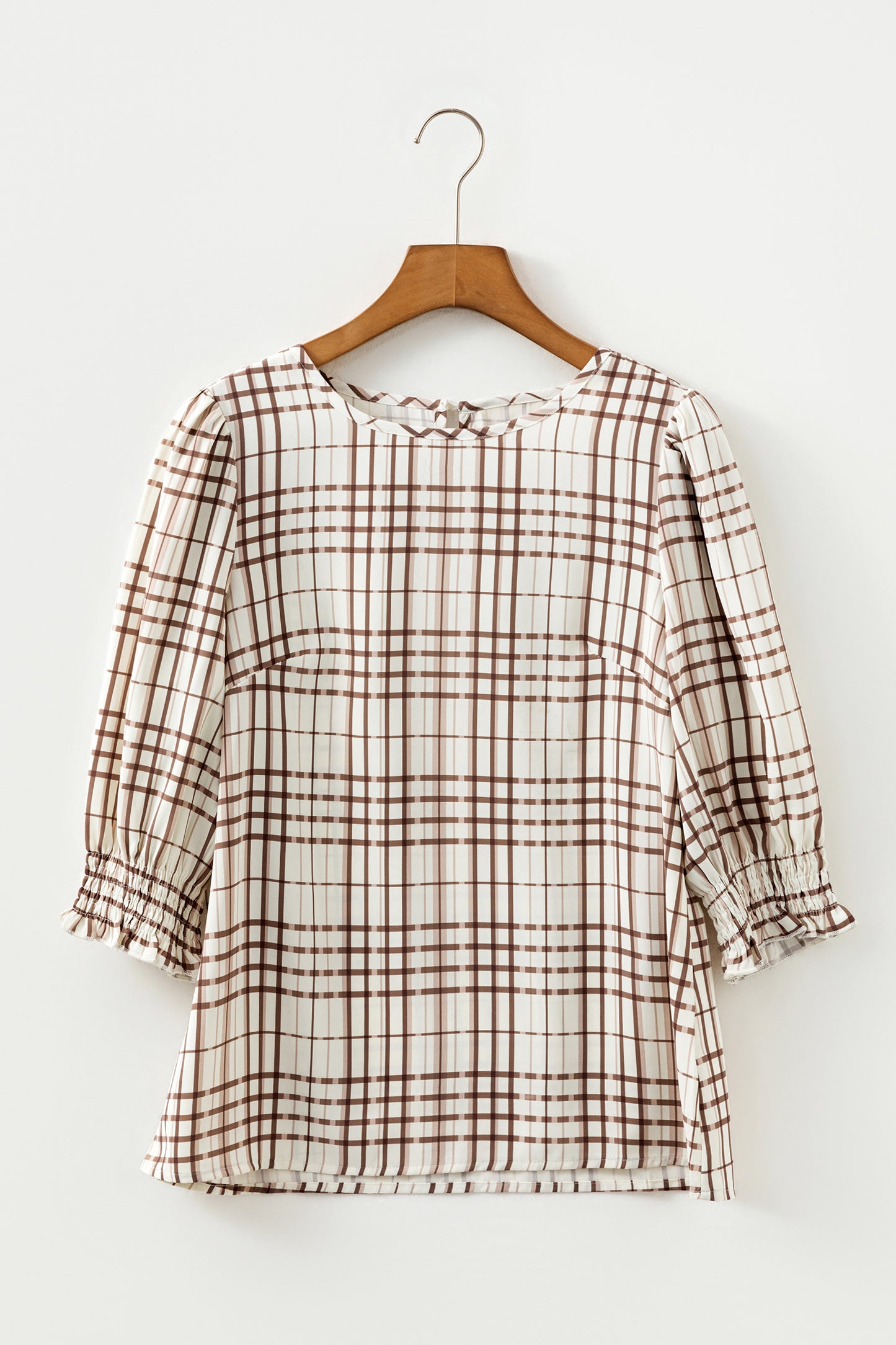 Stacey B's White Plaid Print Frilled Puffy Half Sleeve Blouse