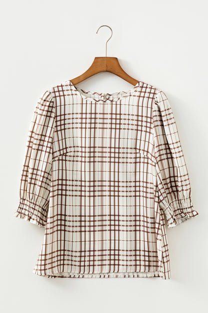 Stacey B's White Plaid Print Frilled Puffy Half Sleeve Blouse