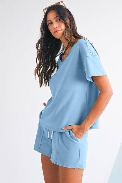 Stacey B's Myosotis V Neck Drop Shoulder Tee and Patchwork Shorts Set