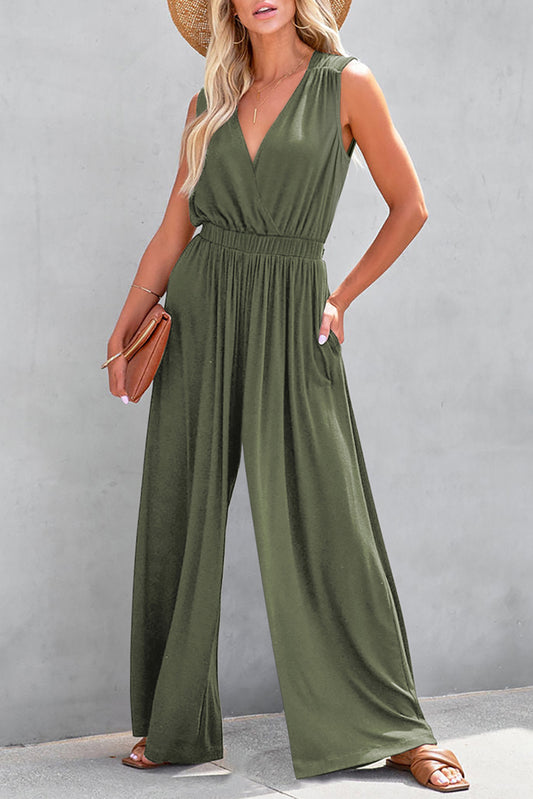 Stacey B's Jungle Green Deep V Pocketed Pleated Wide Leg Jumpsuit