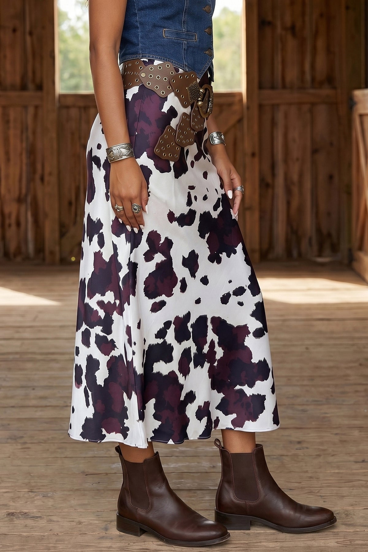 Stacey  B's Brown Abstract Print Western Long Metal Zip-Up Waist Daily Wear Skirt