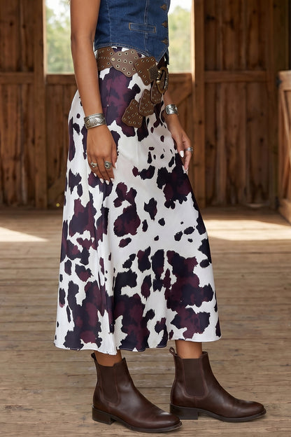 Stacey  B's Brown Abstract Print Western Long Metal Zip-Up Waist Daily Wear Skirt