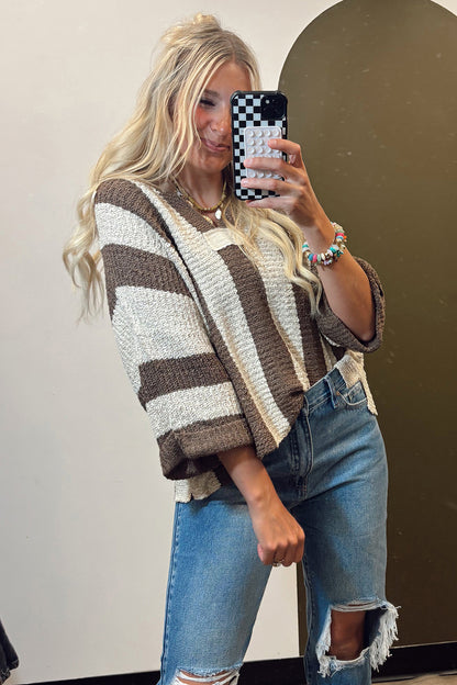 Stacey B's Brown Stripe Colorblock V Neck Bracelet Sleeve Sweater