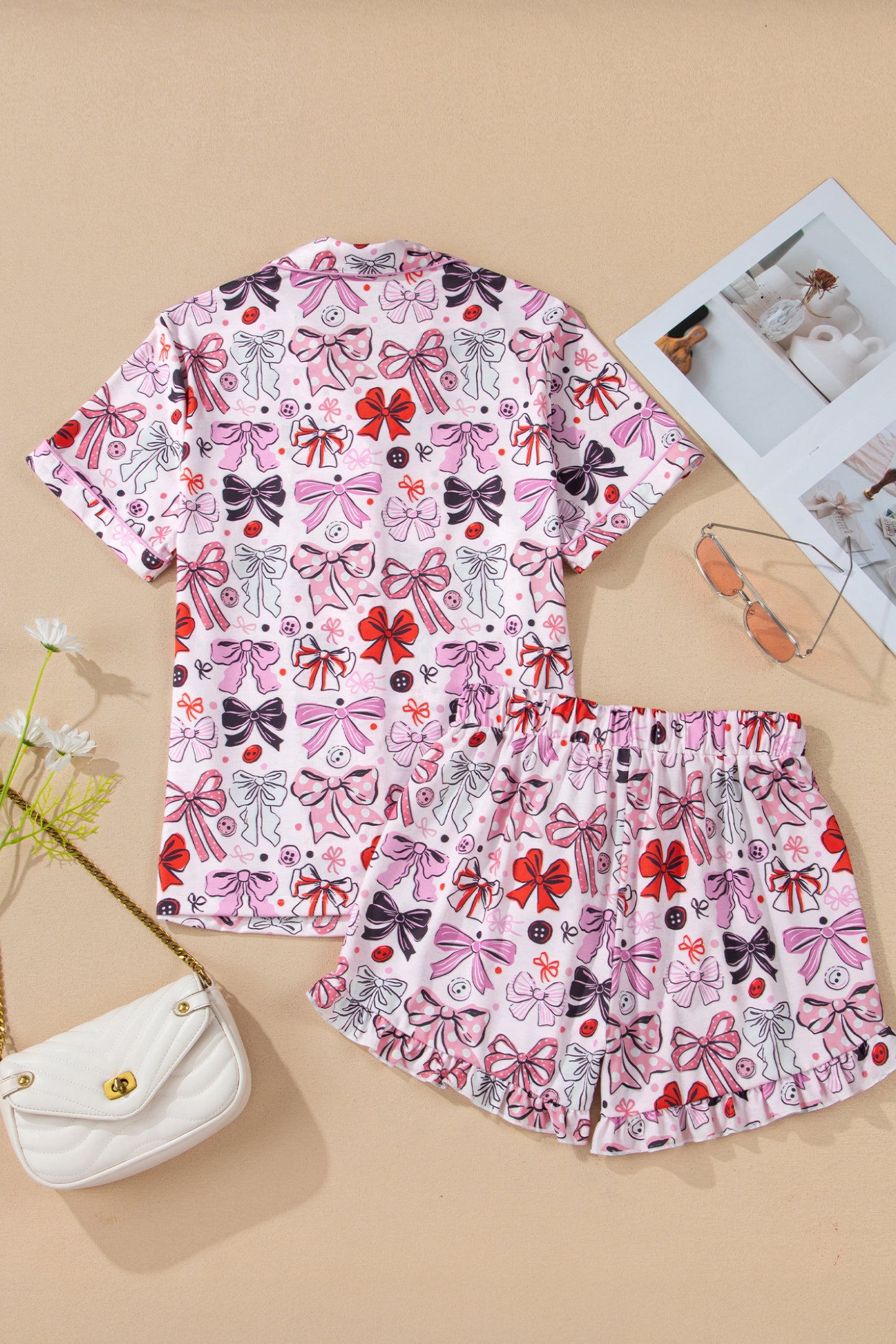 Stacey B's Pink Cute Ribbon Bows Printed Shirt Style 2pcs Short Pajama Set