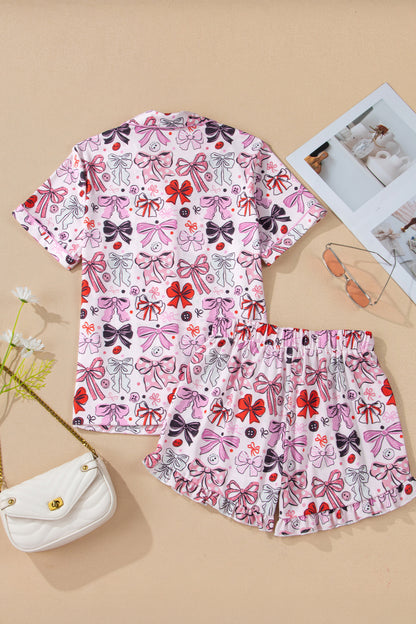 Stacey B's Pink Cute Ribbon Bows Printed Shirt Style 2pcs Short Pajama Set
