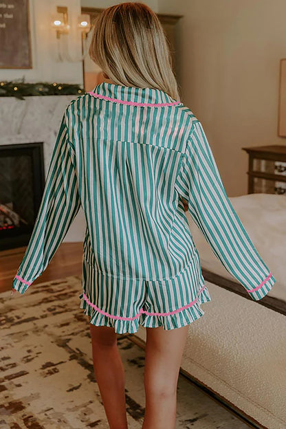 Stacey B's Green Stripe Contrast Ricrac Trim Long Sleeve Shirt Drawstring Ruffled Pajama Short Set