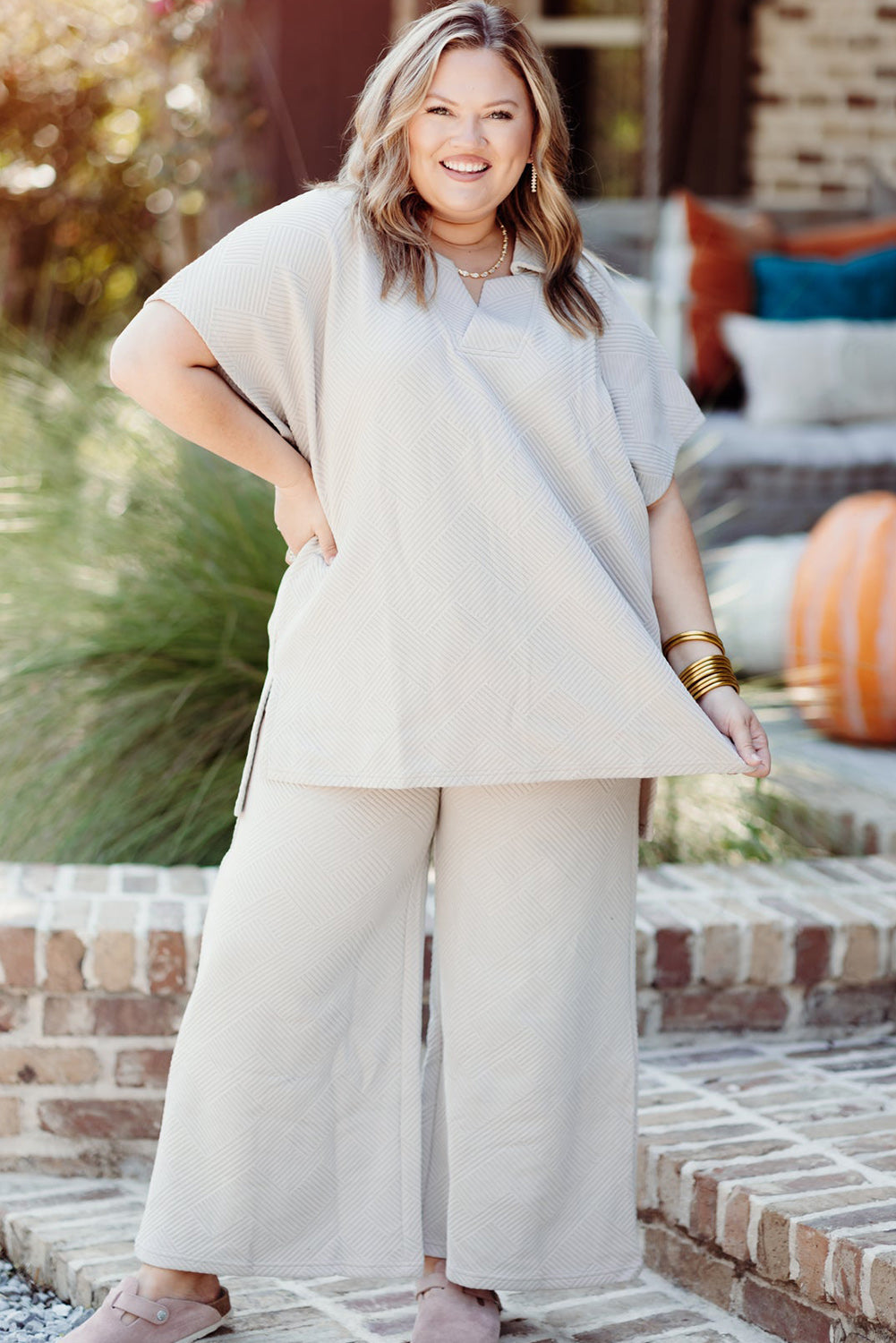 Stacey B's Beige Plus Size Textured Collared Top and Drawstring Pants Set