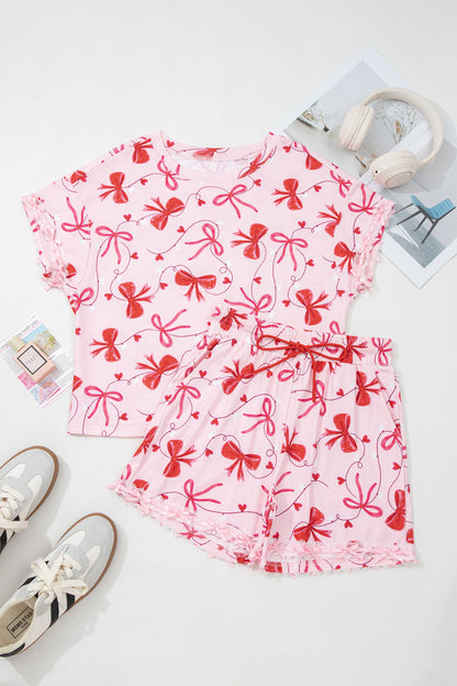 Stacey B's Red Romantic Bow Print Loose Tee Drawstring Shorts 2pcs Lounge Set